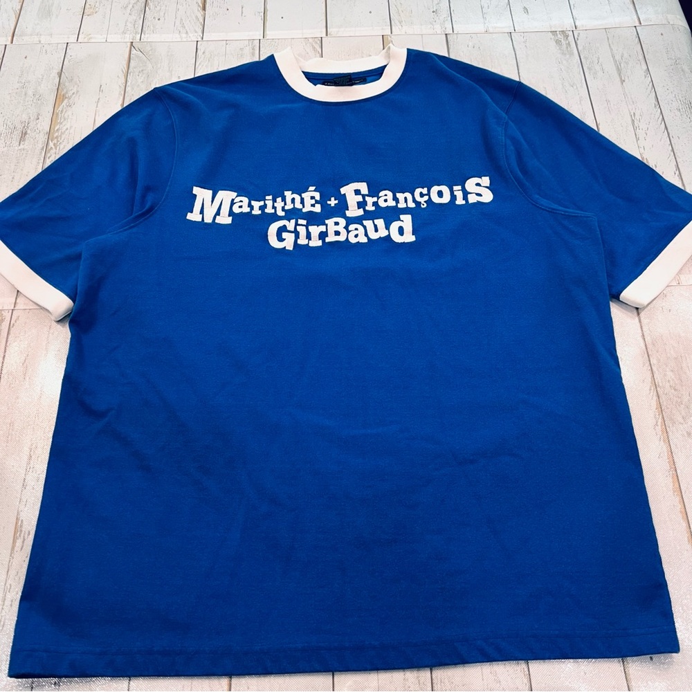 Vintage Marithé François Girbaud T-Shirt Blue Logo Spellout Ringer Tee Large